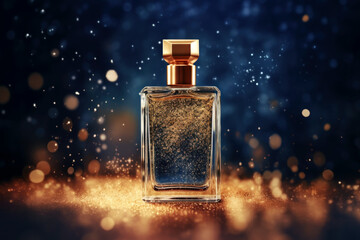 a mock-up of an elegant glass perfume bottle with a gold lid and a sparkles. transparent vial on a d
