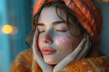 Wall Mural - A serene woman indulging in self-care with a vibrant orange scrub on her face, her closed eyes and delicate features radiating beauty and tranquility