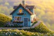 A quaint cottage house perched on a hill, adorned with Easter decorations. The exterior is a soft pastel blue, with window boxes full of spring flowers