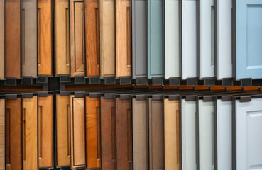 Wall Mural - wood cabinet door samples in market in a row