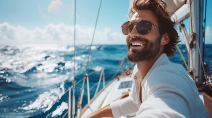 A young handsome man sails on a luxury yacht in the ocean