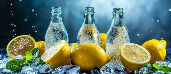 Wall Mural - Refreshing Lemons, Sparkling Bottled Water, and Zesty Lemons: The Perfect Thirst-Quenching Trio of Lemons, Bottles, and Water