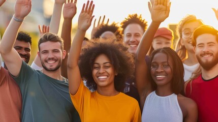 Group of diverse young people raising their hands in the air