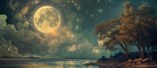 Wall Mural - mesmerizing moonlight: enchanting dreams, night sky scenery, and canary delights