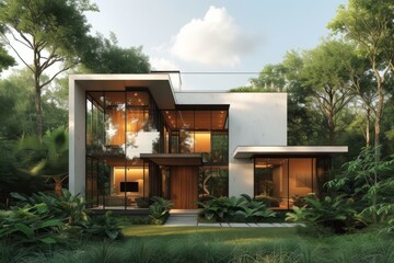 Wall Mural - Modern luxury house with large glass windows and green garden