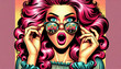 Comic book style WOW woman with sunglasses in bright colors