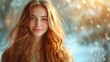 Portrait of a beautiful young woman with long red hair and blue eyes smiling
