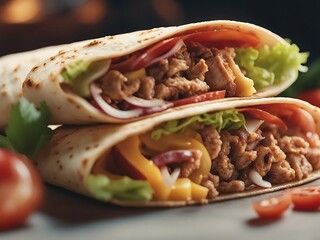 Wall Mural - Delicious Greek gyros wrapped in pita bread. Shawarma, grilled pita. With fresh meat and vegetables. 