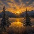 The sun rises over a mountain lake, casting a golden glow on the water and snow-capped peaks.