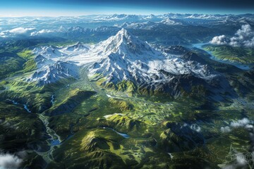 Wall Mural - A majestic snow capped mountain peak towering above a lush green valley with a river running through it