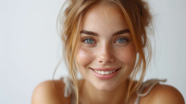 Portrait of a young beautiful smiling woman with freckles on her face