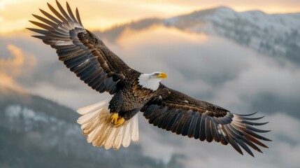  majestic bald eagle soars above the snowy mountains