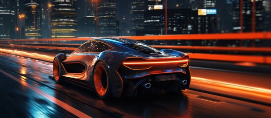 Sticker - Futuristic modern high speed black sport car driving in city at night with neon light. AI generated