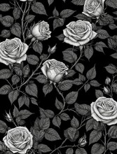 Black White Roses Flower Pattern Background Wallpaper Leaves Floral Grey