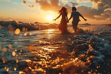 The Carefree Spirit Of A Young Dancing Couple, Spinning And Twirling On A Sandy Beach As Waves Gently Kiss The Shore.