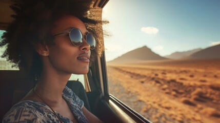 Black woman on road, enjoying window view of desert and traveling in sun on holiday road trip of South Africa.