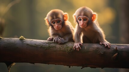 A log of wood is where two cute baby monkeys are playing