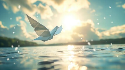 Peace concept. Conceptual photos to show the Freedom of White Origami Dove or Pigeon Flew from the Water into the Sky.