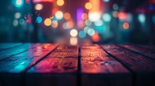 Wooden Table, Blurred Bokeh Background Background. Neon Light, Night View, Close-up. The General Background Of The Interior, A Dark Background.