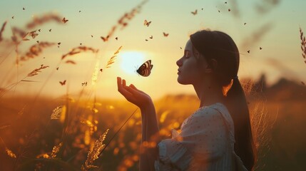 The girl frees the butterfly from moment Concept of freedom