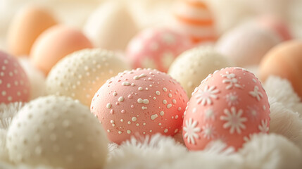 Wall Mural - Beautiful cream easter eggs close-up background. Pastel colored eggs with cute pattern