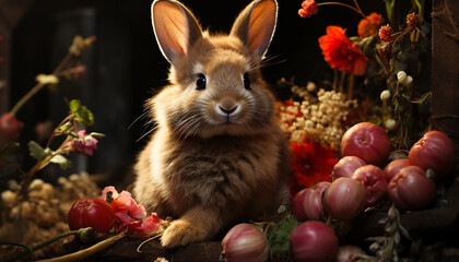 Poster - Fluffy baby rabbit sitting in grass, surrounded by flowers generated by AI