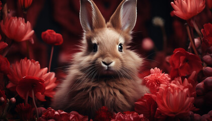 Sticker - Fluffy baby rabbit sitting in grass, surrounded by yellow flowers generated by AI