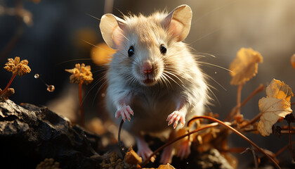 Poster - Cute small rat sitting on a branch in autumn forest generated by AI