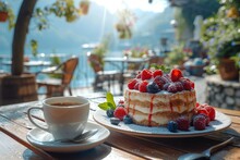 Close-up of wooden table with a plate of tiramisu and a cup of coffee in a stylish outdoor café bathed in sunlight. Traditional Italian dessert topped with cocoa and fresh berries.