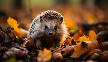 Cute Hedgehog In Autumn Forest, Looking At Yellow Leaf Generated By AI