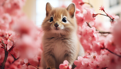 Poster - Cute kitten sitting on branch, looking at pink flower generated by AI