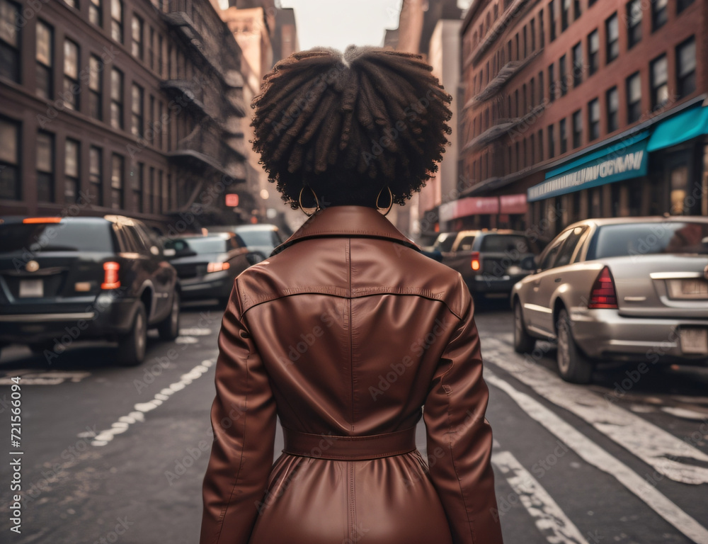 Woman walking in the middle of a big street. Big city. New York. Black ...