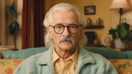 Portrait of senior man with mustache and reading glasses sitting in his retro cozy living room