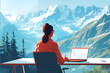 Illustration of a woman working remotely in front of a mountain range
