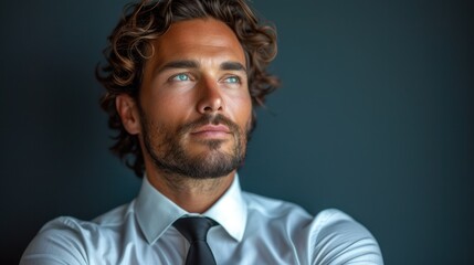 Poster -  a man with curly hair wearing a white shirt and a black tie with his arms crossed, looking to the side, with a serious look on a dark background.