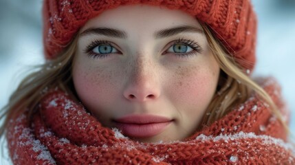 Wall Mural -  a close up of a woman wearing a red scarf and a red hat with a frecked scarf around her neck and a blue - eyed girl with frecky hair and blue eyes.