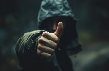 Poster -  a man in a hooded jacket is giving a thumbs up while wearing a raincoat and holding a jacket over his head with a hood over his head and holding a thumb up.