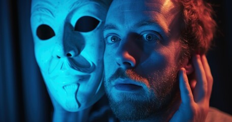 Poster -  a man with red hair wearing a white mask and holding his hands up to his face in front of a blue light that is shining on the man's face.