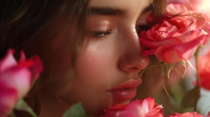 Poster -  a close up of a person with flowers in front of her face and a background of pink flowers in the foreground and a woman's face with her eyes closed.