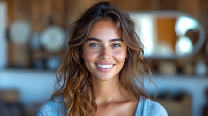 Sticker -  a close up of a person wearing a blue shirt and smiling at the camera with a blurry background of a kitchen area and a table and a mirror in the background.