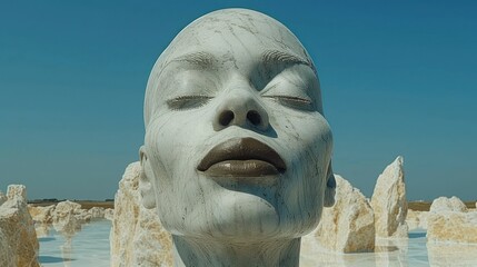 Sticker -  a sculpture of a woman's face in the middle of a body of water with rocks in the background and a blue sky in the middle of the background.