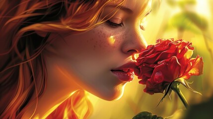 Canvas Print -  a painting of a woman smelling a flower with a red rose in front of her face, with the sun shining on her face and her hair blowing in the wind.