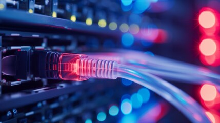 Wall Mural - close-up of illuminated network cables in server