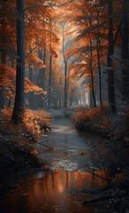 Poster -  a stream in the middle of a forest with bright orange trees around it and a stream running through the middle of the forest with bright orange leaves on the trees.