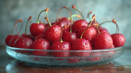 Poster -  a close up of a bowl of cherries with water droplets on the top of the cherries and on the bottom of the bowl is water droplets on the bottom of the cherries.