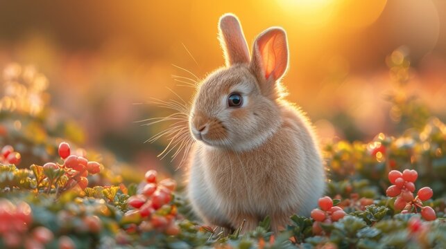  a close up of a rabbit in a field of flowers with the sun shining through the clouds in the background and a blurry image of the rabbit in the foreground.