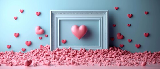 Wall Mural -  a picture frame sitting on top of a pile of pink hearts in front of a wall with a picture frame on top of it and a pile of pink hearts floating in the air.