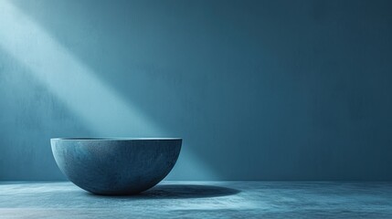 Wall Mural -  a bowl sitting on top of a table in a room with a blue wall and a light coming from the top of the bowl in the middle of the room.