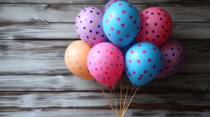 Poster -  a bunch of balloons sitting on top of a wooden table next to a vase filled with a bunch of pink, blue, and yellow polka dotty balloons in front of a wooden wall.