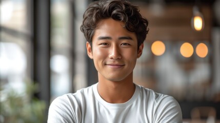 Poster -  a close up of a person wearing a white shirt and looking at the camera with a smile on his face and his arms crossed, in front of him is a window.